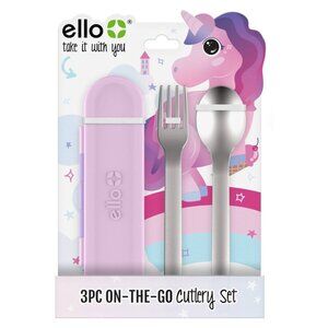 Ello - Kid's on the Go Cutlery Set -  Silver Fork & Spoon - Pink & Purple Case